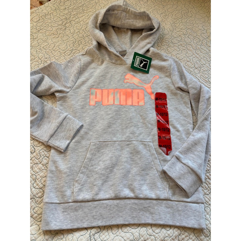 Puma Kids Girls Gray Hoodie Sweatshirt Pink Logo Size M 10/12 #379